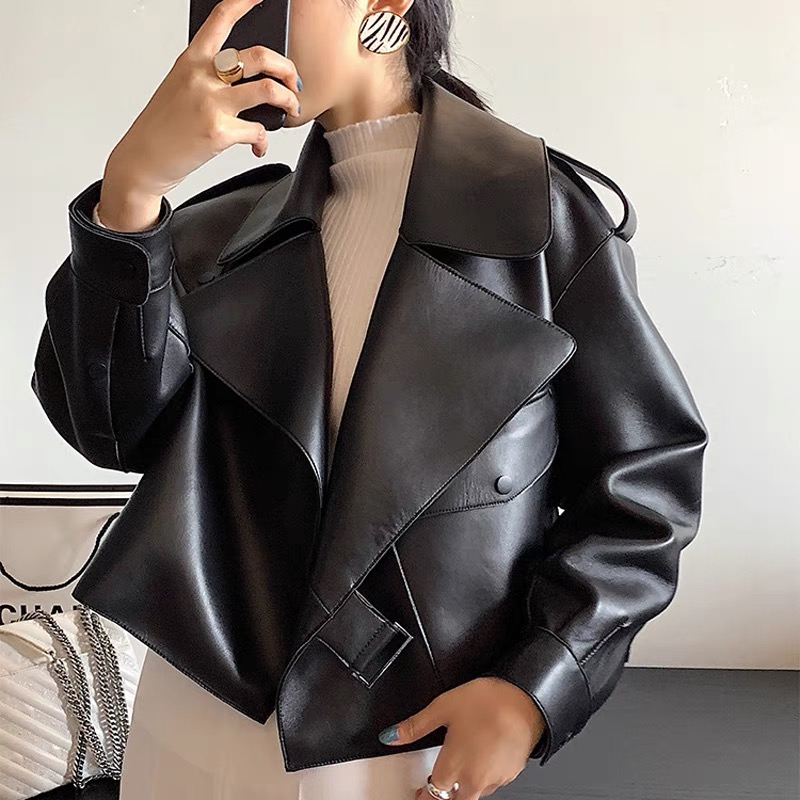 Áo khoác da nữ dáng lửng cổ bẻ WANAWEAR áo khoác dáng rộng hàng QC chất da bền đẹp