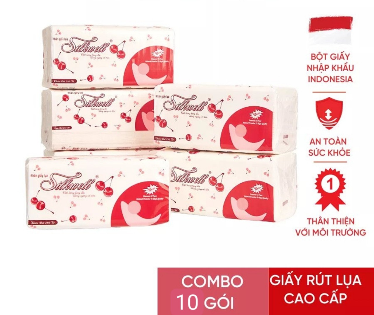 Combo 10 gói Giấy ăn khăn giấy rút lụa Silkwell Cherry đỏ 280 tờ 2 lớp siêu dai và mềm mại