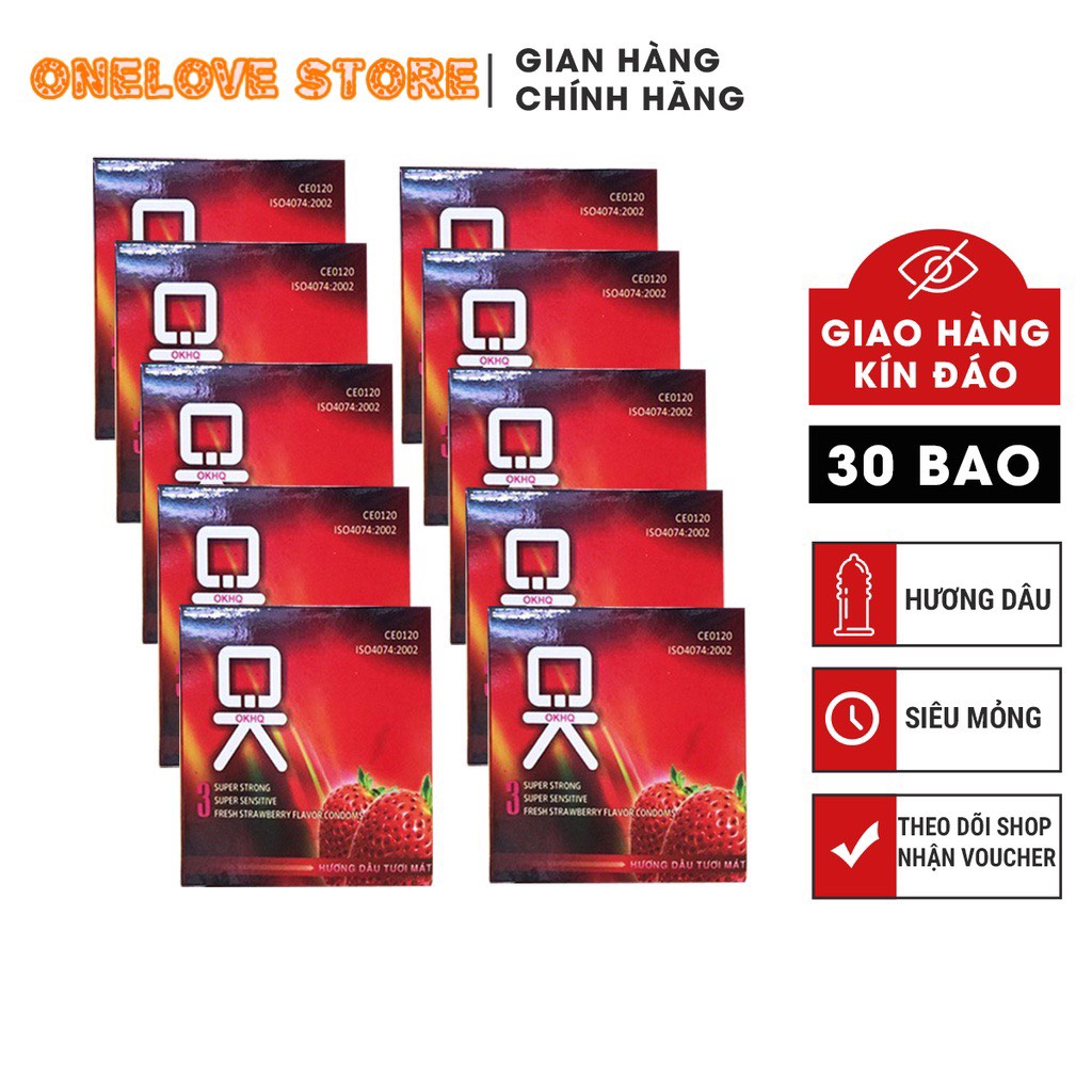 Bộ 10 hộp bao cao su gia đình okhq -- hương dâu tây thơm mát - 30 chiếc