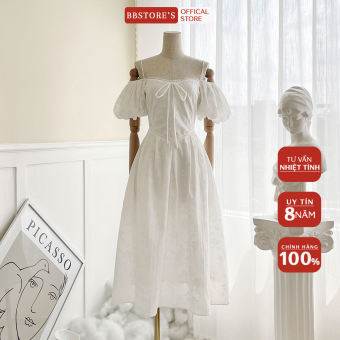BBSTORE'S Đầm Xòe Hai Dây Trễ Vai Tay Phồng Dự Tiệc Cột Nơ Sang Trọng -D1822