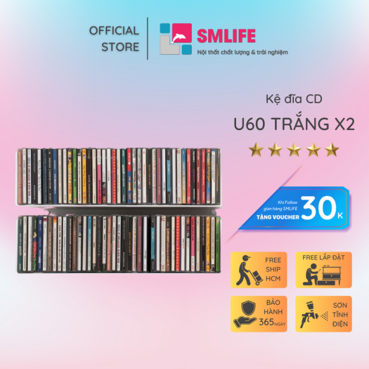 Kệ đĩa CD chữ U 60 (Set 2) - Kệ treo tường bằng thép dày 1,6mm - Sơn tĩnh điện màu Trắng/ Đen hiện đại - Tặng kèm bộ ốc vít và đầu bịt ốc