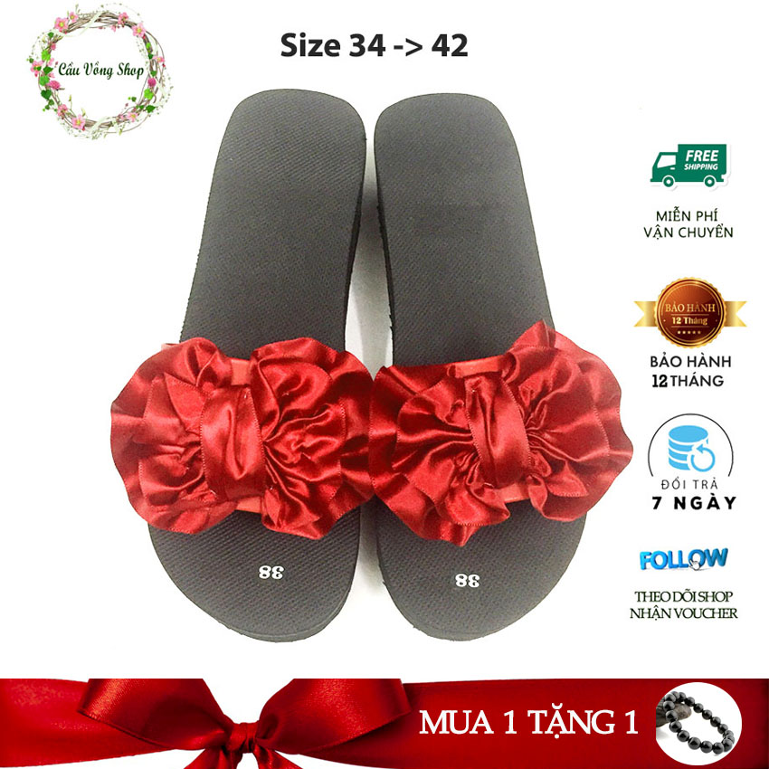 Dép quai ngang nữ đính nơ xinh xắn X12 cao 5cm Cầu Vồng Shop - Bảo hành 12 tháng