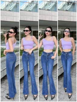 QUẦN JEANS NỮ LOE GÂN MÀU XANH BIỂN LƯNG CAO 2 NÚT TREND 2023 B756