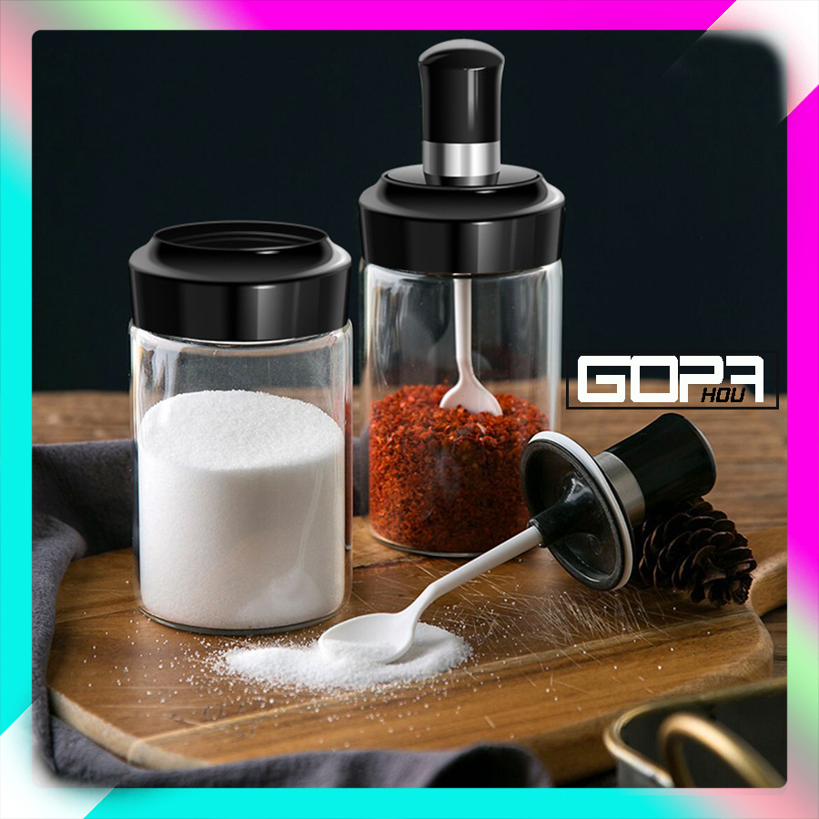 Hũ đựng gia vị nhà bếp, lọ đựng gia vị có muỗng thìa, chất liệu thuỷ tinh
