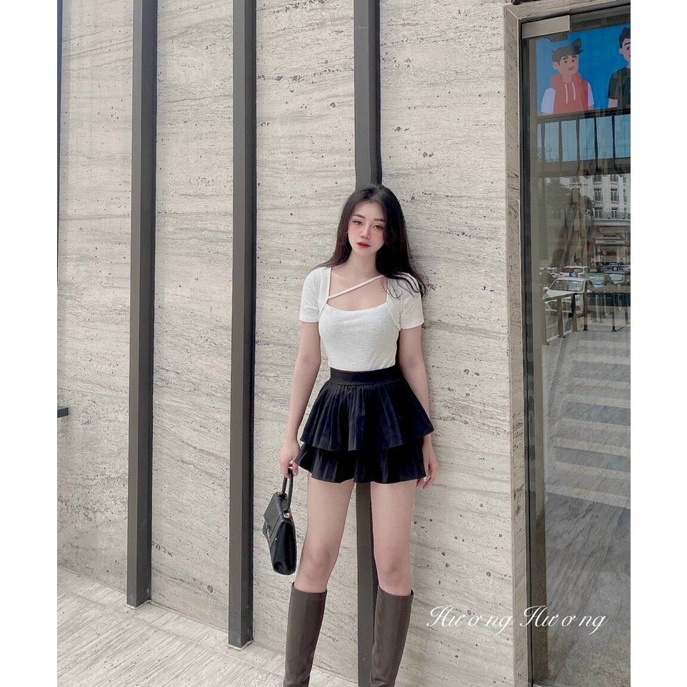 Áo thun nữ cổ vuông phối dây chéo cổ , áo phông cổ U vạt chéo chất co giãn