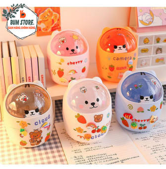 Thùng rác để bàn mini có nắp hình gấu dễ thương nhỏ gọn tiện lợi, Thùng rác nắp lật hình thú nhựa cao cấp xinh xắn - BUM STORE