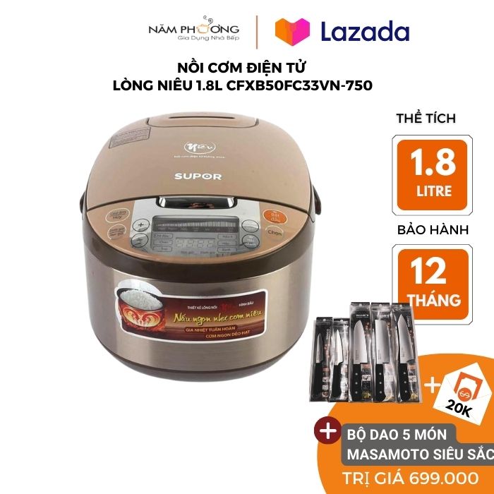 Nồi cơm điện tử 1.8L Lồng nồi Niêu Supor CFXB50FC33VN 1.8L tặng kèm Bộ dao 5 món Masamoto