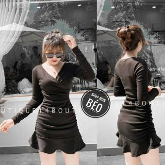 Đầm Body Cổ V Tay Dài Nhún Sườn Đuôi Cá Chất Thun Co Giãn Thích Hợp Mặc Đi Tiệc Đi Làm Đi Chơi