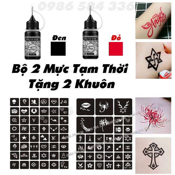 Bộ 2 Mực Xăm Tạm Thời Đen - Đỏ Chống Nước Tặng Hơn 50 Hình + Sticker [Xịn - Chất]