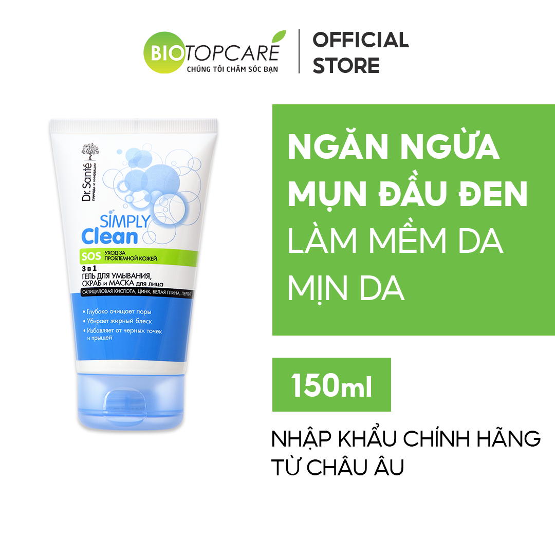 Gel rửa mặt, tẩy tế bào chết và mặt nạ Dr. Sante Simply Clean 3-In-1 150ml - Dành cho mọi loại da