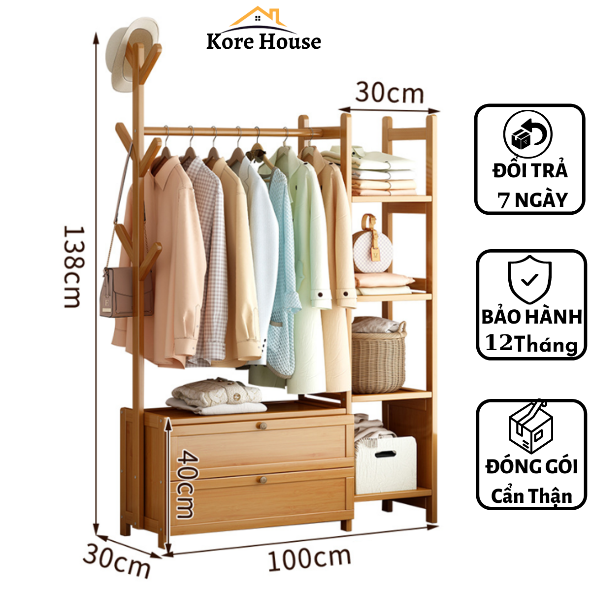 (Bảo Hành12 Tháng) Tủ Treo Quần Áo Có Ngăn Kéo Đa Năng - Giá Treo Quần Áo Đa Năng Khung Tre Cao Cấp -Tủ,Kệ Giày Quần Áo Cao Cấp