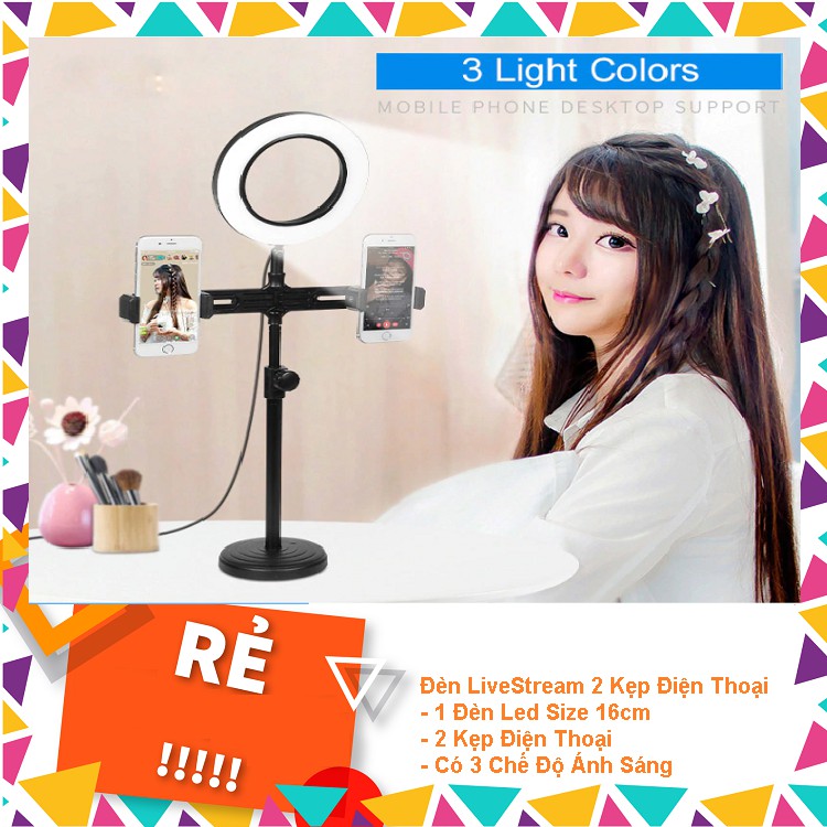 Giá đỡ 2 điện thoại có đèn led livestream, kẹp điện thoại để bàn quay video tiktok có đèn led 3 màu