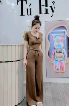 Đồ Bộ Thun Gân Tay Ngắn Gài Nút Cổ Vạt Bầu Mix Quần Dài Ống Suông Lưng Thun Cùng Tone Màu Mặc Thoải Mái