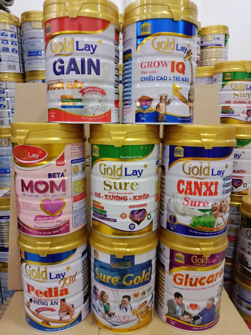 Sữa bột Goldlay lon 900g - Sữa canxi Goldlay - Sữa tiểu đường Goldlay Glucare - Sữa tăng cân Goldlay Gain - Sữa biếng ăn Goldlay Pedia - Sữa Goldlay Xương khớp - Sữa Goldlay mama - Sữa phục hồi sức khỏe Goldlay Sure Gold