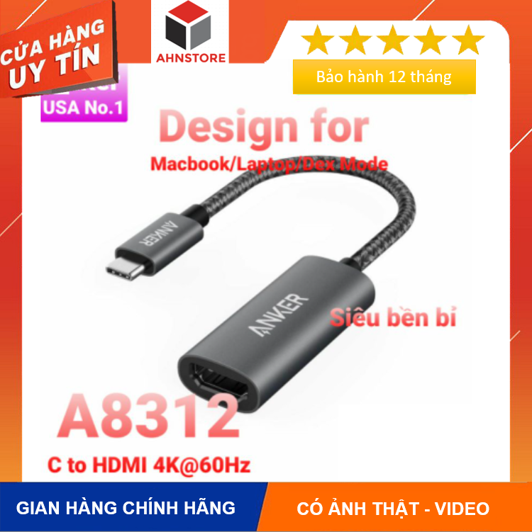 Dây cáp chuyển đổi anker a8312 usb type c to sang hdmi 4k 60hz cho samsung dex laptop macbook vention