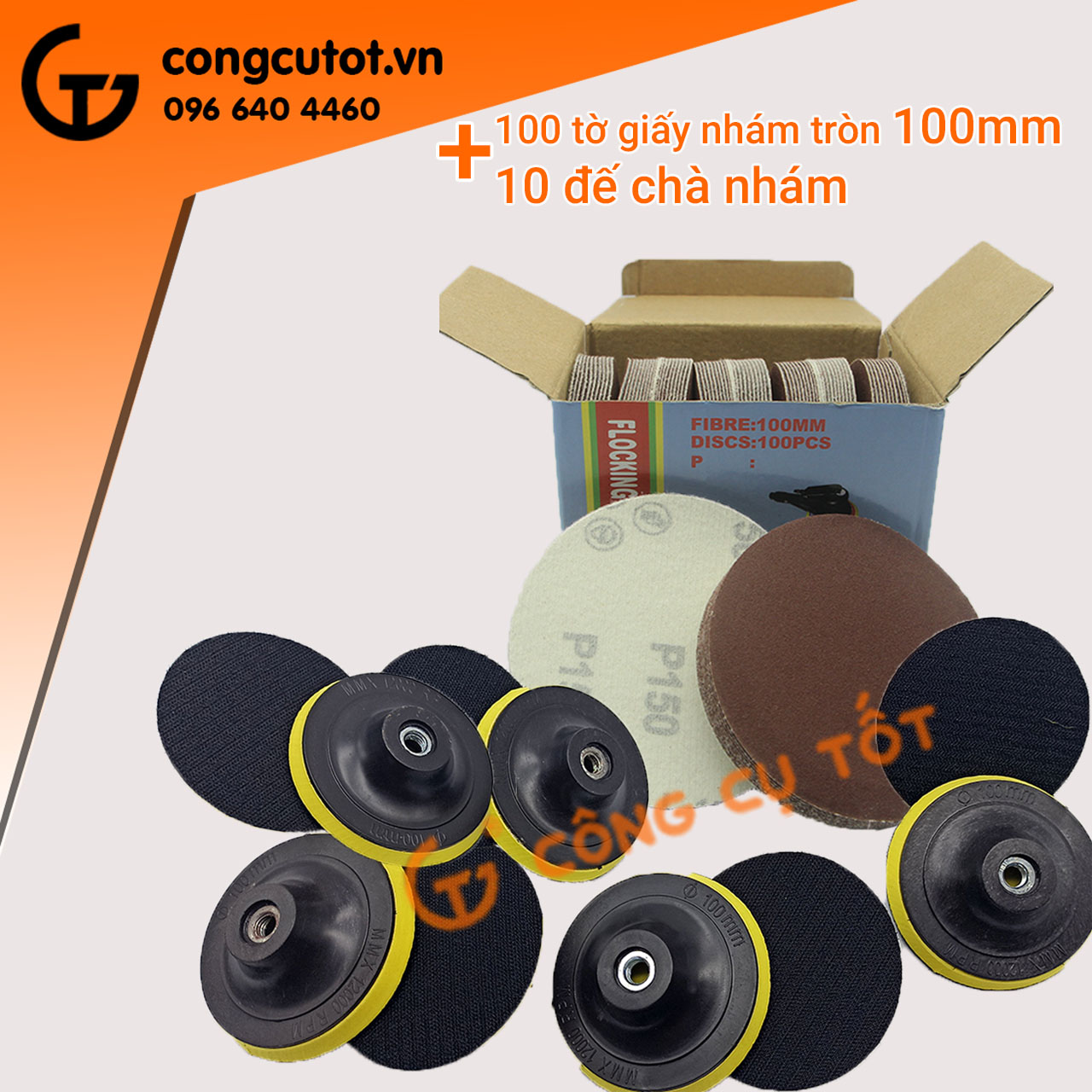 Combo 100 giấy nhám tròn và 10 đế chà nhám φ100mm