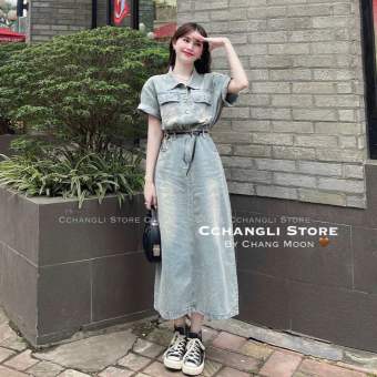 Đầm denim liền thân dáng dài xanh bạc (Kèm thắt lưng)