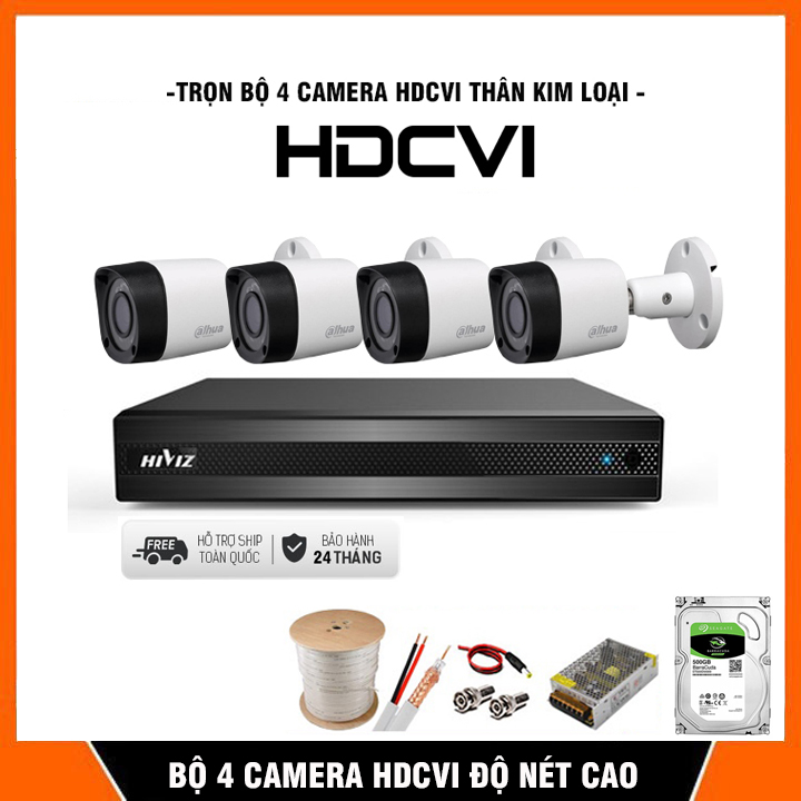 Trọn bộ 4 camera giám sát hdcvi độ nét cao, góc rộng, hồng ngoại thông minh - kèm hdd 500gb & đủ phụ kiện để lắp đặt - bảo hành 1 đổi 1
