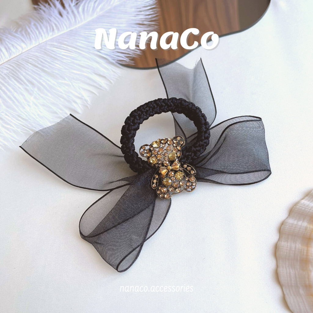 Dây buộc tóc chun nơ đính đá Hàn Quốc, đồ cột tóc nơ nữ hình gấu xinh xắn NanaCo Accessories