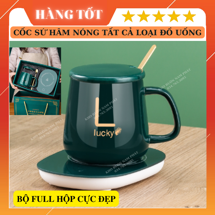 Bộ cốc hâm nóng đồ uống lucky - bộ cốc hâm nóng đồ uống tự động đế tạo nhiệt thông minh, cốc sứ tự hâm nóng cafe trà +tặng kèm thìa mạ vàng