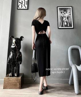 Đầm ôm body xẻ tà tôn dáng, Đầm body sexy nữ váy ôm eo ngắn tay dáng thiết kế xẻ tà vai thun đen dự tiệc