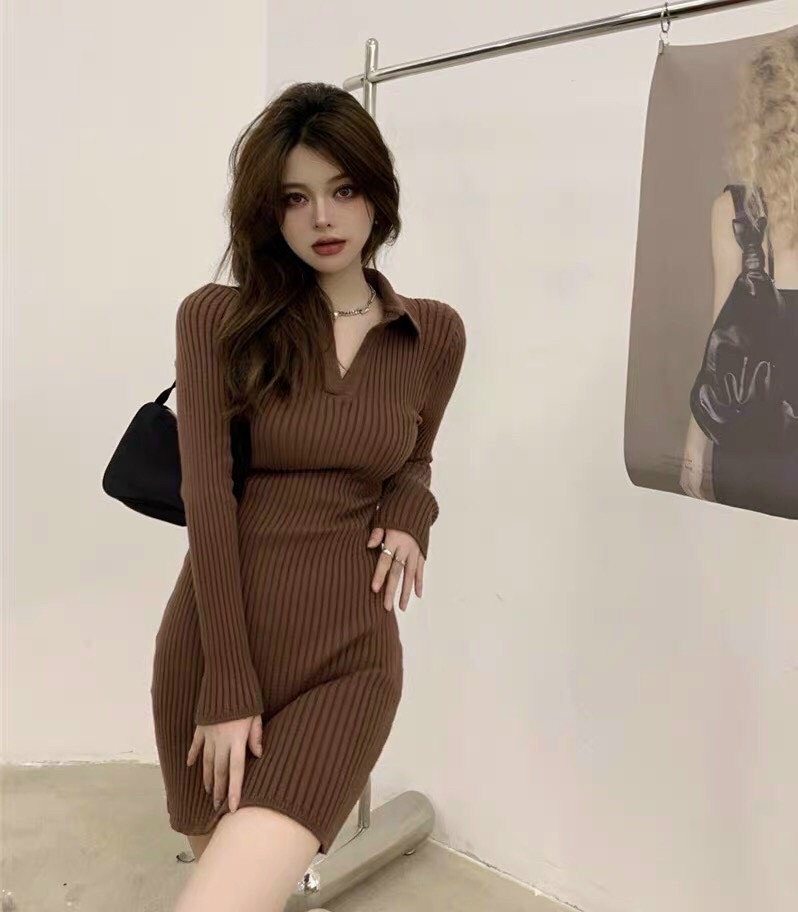 Đầm thun có cổ tay dài chân váy dài trên gối, đầm ngắn ôm eo tôn dáng sang chảnh, đầm nữ tôn dáng có cổ vải thun