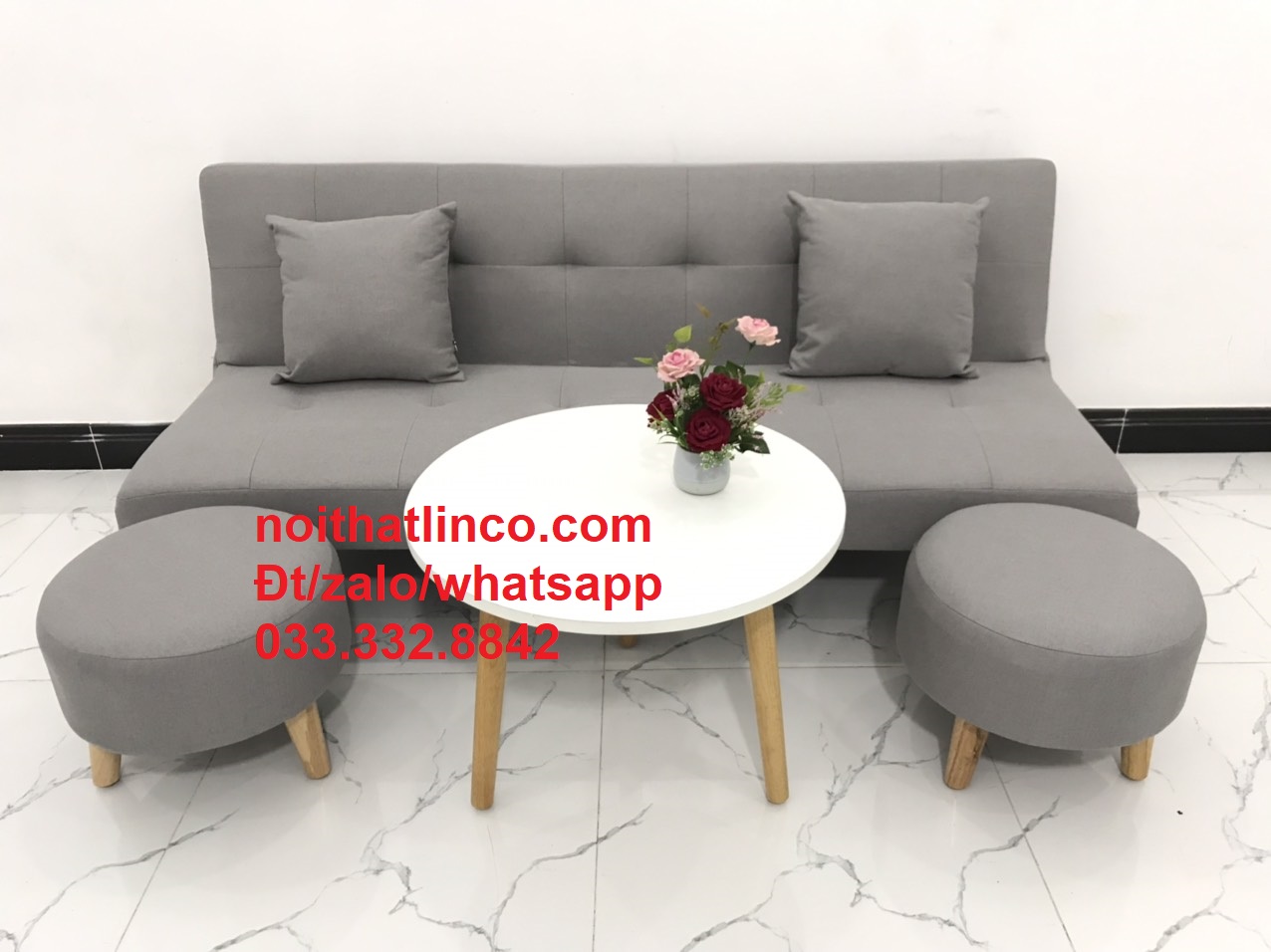 Bộ bàn ghế sofa giường phòng khách xám trắng nhiều kích cỡ