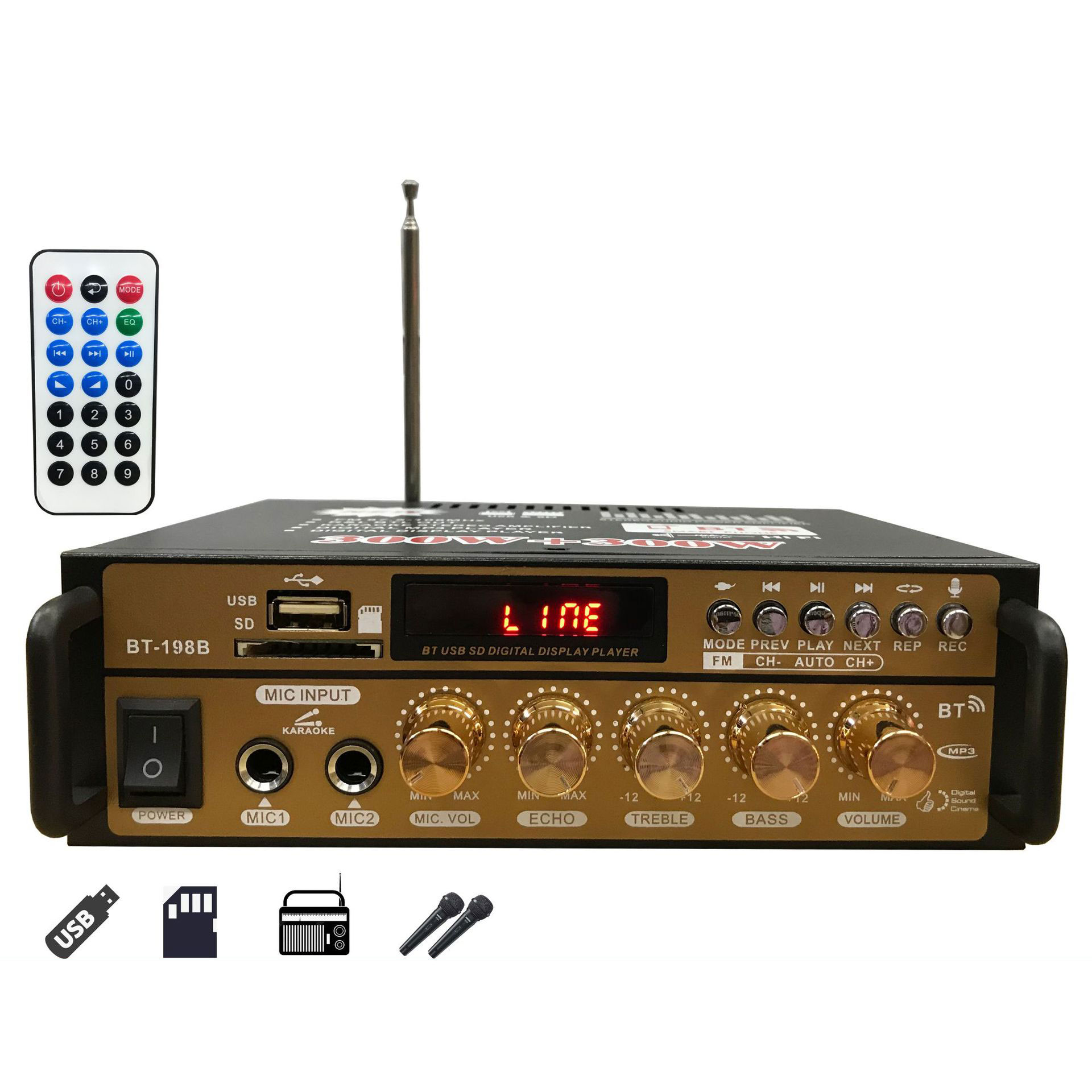 Amply mini bluetooth 12v/220v BT-198B hàng chuẩn (tiếng ra 2 vế), chuyên cân loa nghe nhạc, đánh chim đêm, bán hàng rong.