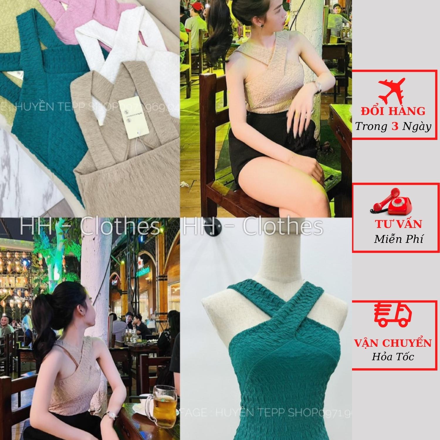 Áo 2 dây nữ xốp nhăn cổ yếm đan chéo ôm body phong cách sexy ulzzang Hàn Quốc