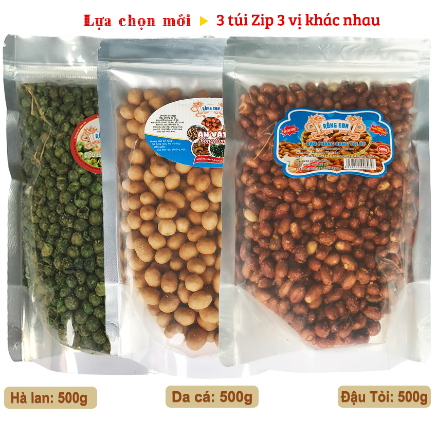 Combo 1.5kg: đậu phộng da cá 500gr - đậu hà lan 500gr - đậu phộng rang tỏi ớt 500g rồng con - đồ ăn vặt