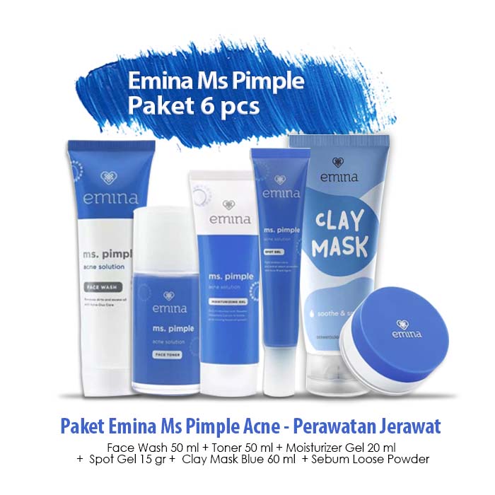 Paket Lengkap Skincare Emina Ms Pimple Acne Solution 6 pcs / Perawatan Wajah Berjerawat Emina ( Face Toner 50 ml, Face Wash 50 ml, Moisturizer Cream 20 ml, Gel Spot 15 ml, Loose Powder 8 gr, Clay Mask Blue 60 ml)