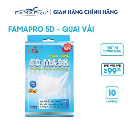 Hộp 10 chiếc khẩu trang 5D Famapro quai vải chính hãng công ty