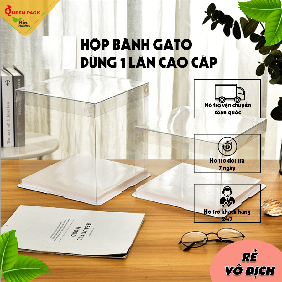 Hộp MICA Hình Vuông Đựng Bánh Kem (Không Kèm Ruy Băng) Có Đế Bằng Giấy Dùng Để Đựng Bánh Gato Sinh N