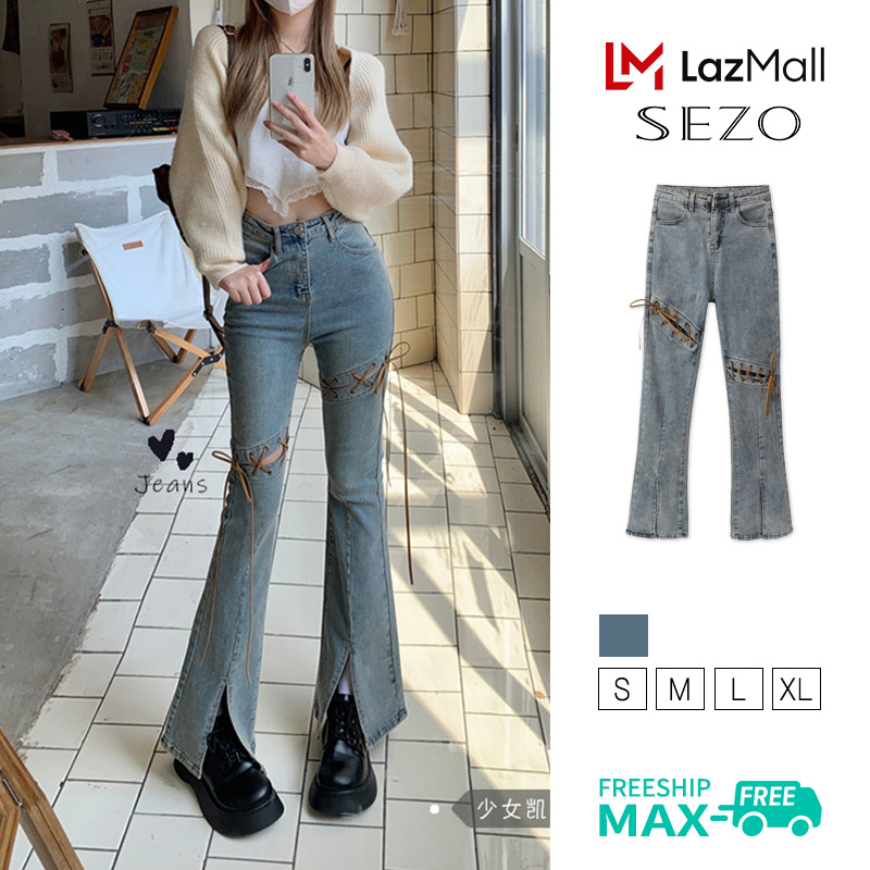 SEZO Quần Bò Ống Loe Xẻ Tà Cạp Cao Phong Cách Hàn Quốc Cho Nữ