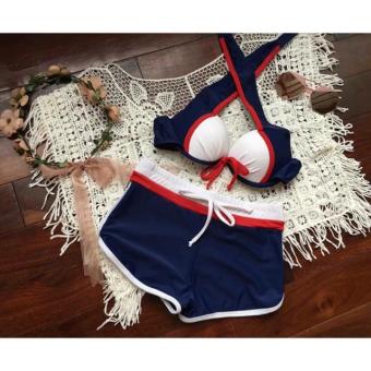 Bikini mút dày xanh viền trắng đỏ có bán áo lưới [Áo khoác ngoài