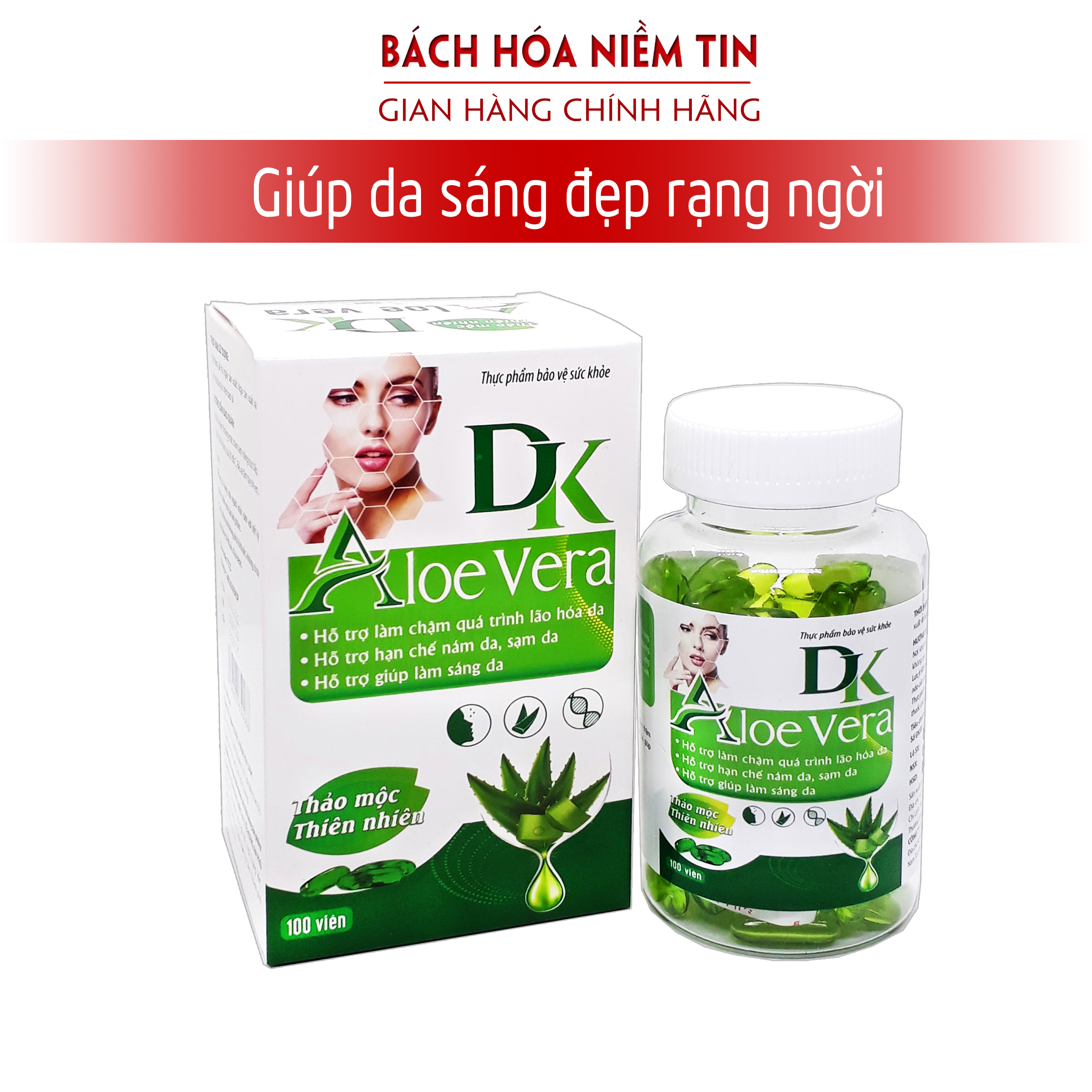 [Hộp 100 viên] Viên Uống Đẹp Da DK Aloe Vera với thành phần Lô Hội, mầm đậu nành – Hỗ trợ làm giảm quá trình lão hóa da, hết nám da, tàn nhanh, giúp da sáng mịn trắng hồng rạng rỡ