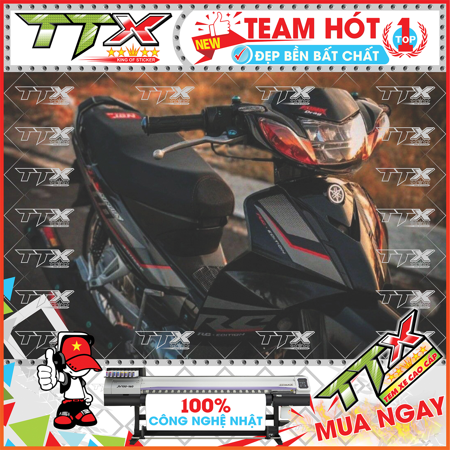 Tem chế sirius đen đỏ rc 110 , Team rời sirius dán xe màu đen chỉ đỏ siêu đẹp , Shop TTX Tem sirius
