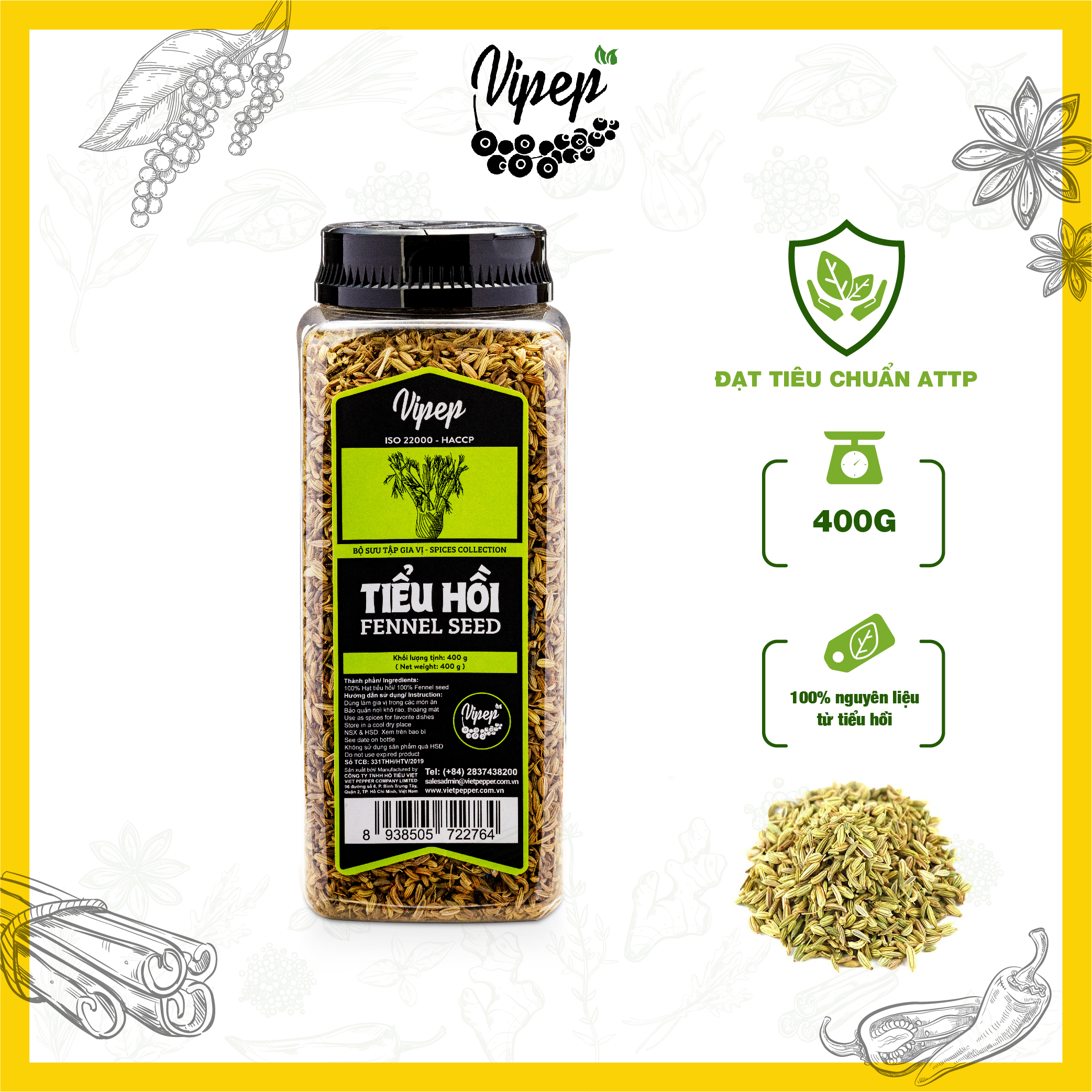 Tiểu hồi Vipep 400g - bột gia vị nguyên chất, sạch chuyên dùng ướp thịt, nêm nếm, tạo hương thơm đặc trưng