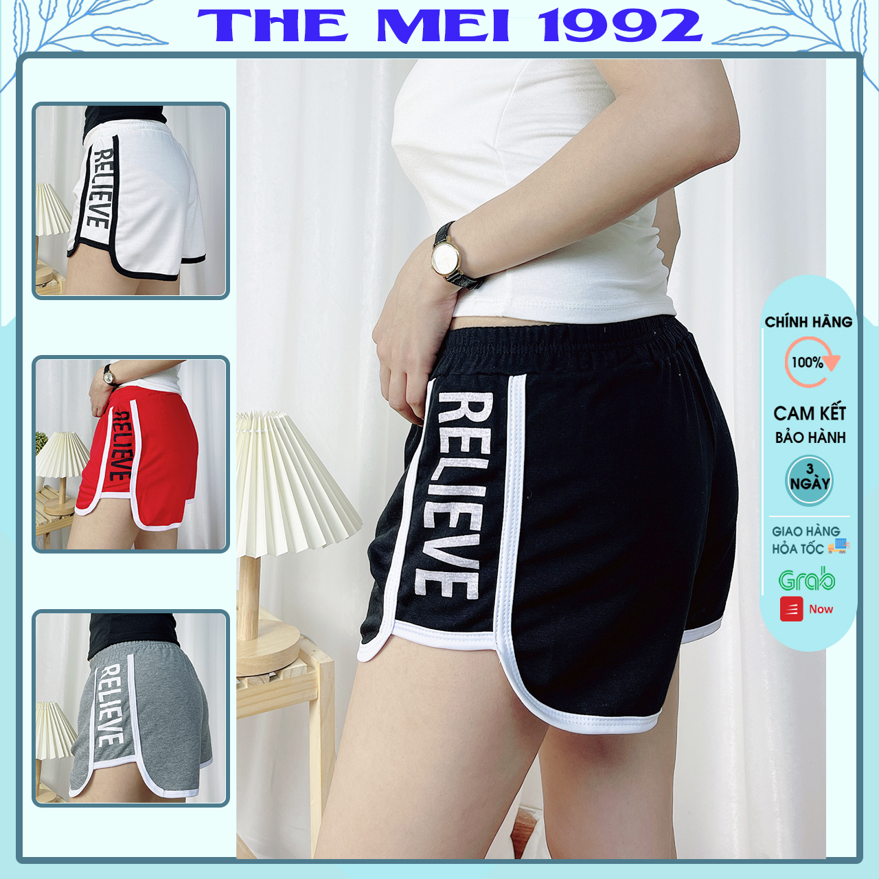 Quần đùi nữ The Mei 1992 - Quần short nữ cạp chun, quần đùi nữ, quần đùi nữ mặc nhà, quần sọt nữ, quần đùi thể thao nữ, quần đùi vải nữ, quần short nữ chất cotton mát viền kẻ dáng hộp kèm chữ dáng thể thao