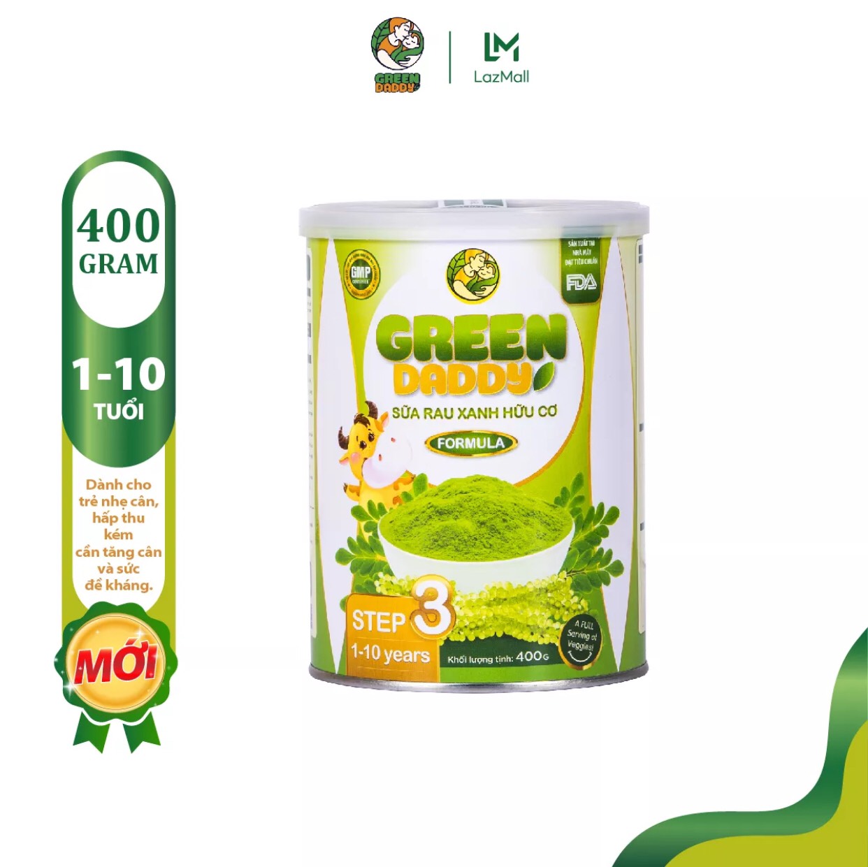 Sữa non Green Daddy step 3 - 400g rau xanh hưu cơ bổ sung DHA, EPA, ARA, Choline giúp bé kích thích vị giác, sáng mắt, thông minh.