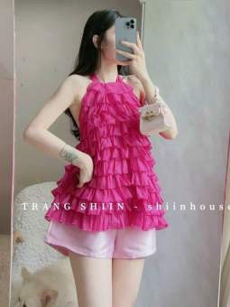 Set áo cổ yếm hở lưng tầng bèo mix quần short nữ, đồ bộ đùi stye Hàn Quốc dễ thương cột nơ sau