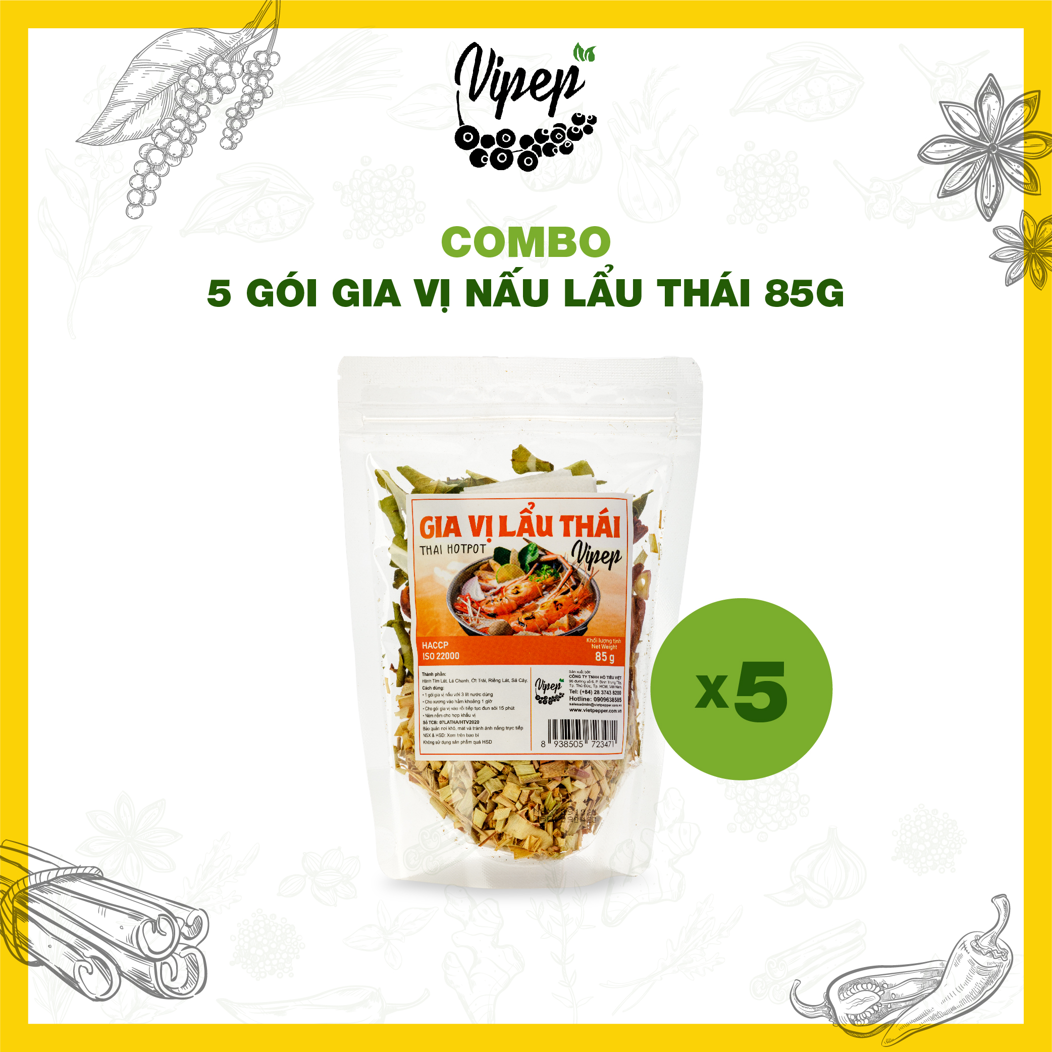 Combo 5 gói gia vị lẩu thái Vipep 75g chua cay, có sẵn rau củ nước lẩu, tiện lợi nấu dùng ngay
