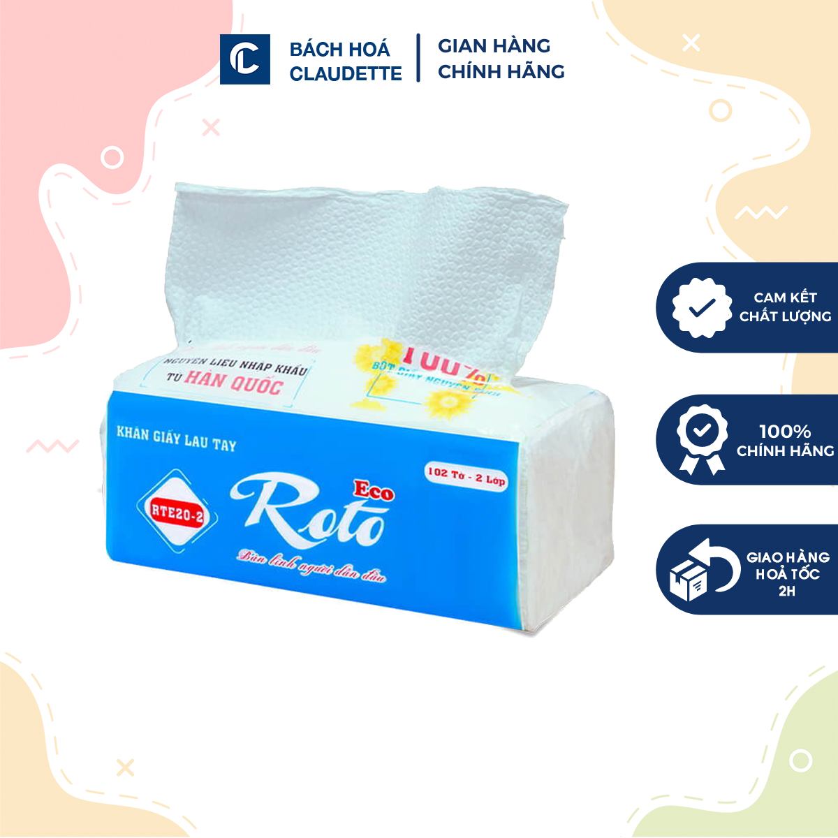Khăn giấy Roto Eco20 lau tay đa năng 2 lớp thấm hút tốt, dai, không nhũng, không vón cục, an toàn với mọi loại da - Bách hoá Claudette