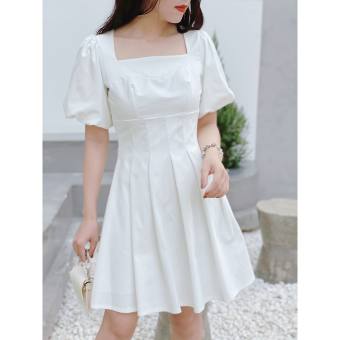 Đầm chít eo tay phồng chất kate hàn sang chảnh 2 màu trắng-kem