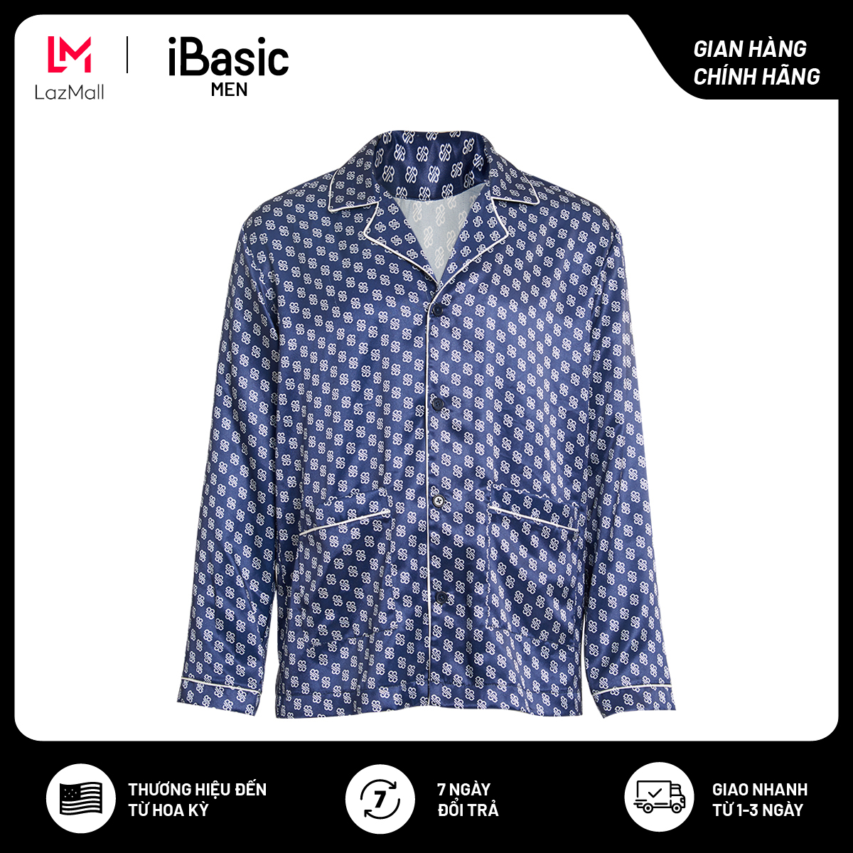 Áo mặc nhà nam pyjama lụa satin tay dài hoạ tiết icon iBasic HOMM016T