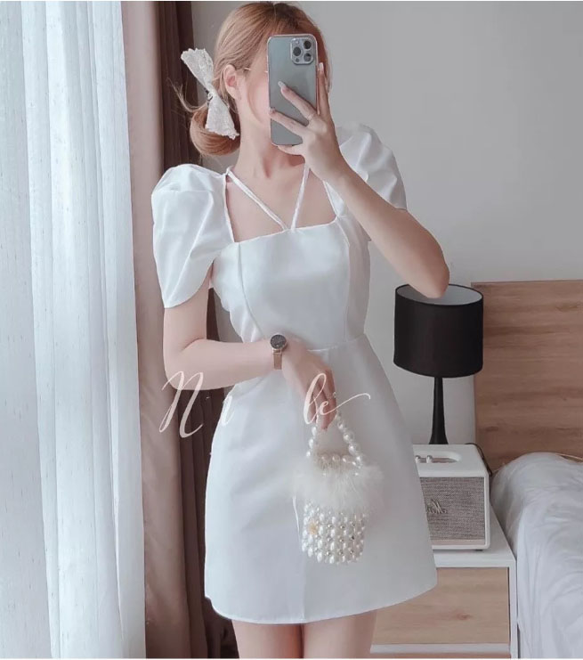 Đầm dự tiệc tay phồng cổ U dây cổ thời trang nữ, có size lớn