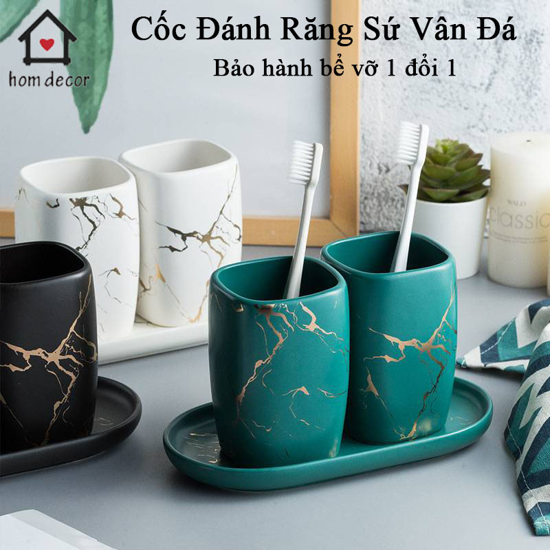 Cốc Đánh Răng Bằng Sứ Sáng Tạo Họa Tiết Cẩm Thạch Cao Cấp- Bộ cốc đánh răng phòng tắm Kèm Khay sứ