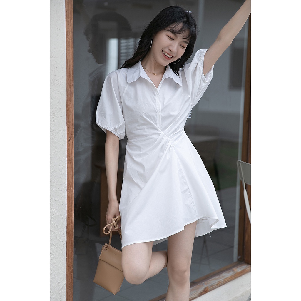Đầm sơ mi trắng nữ nhúm trước tay bo 🦋 váy nữ cộc tay dáng lỡ vải thô
