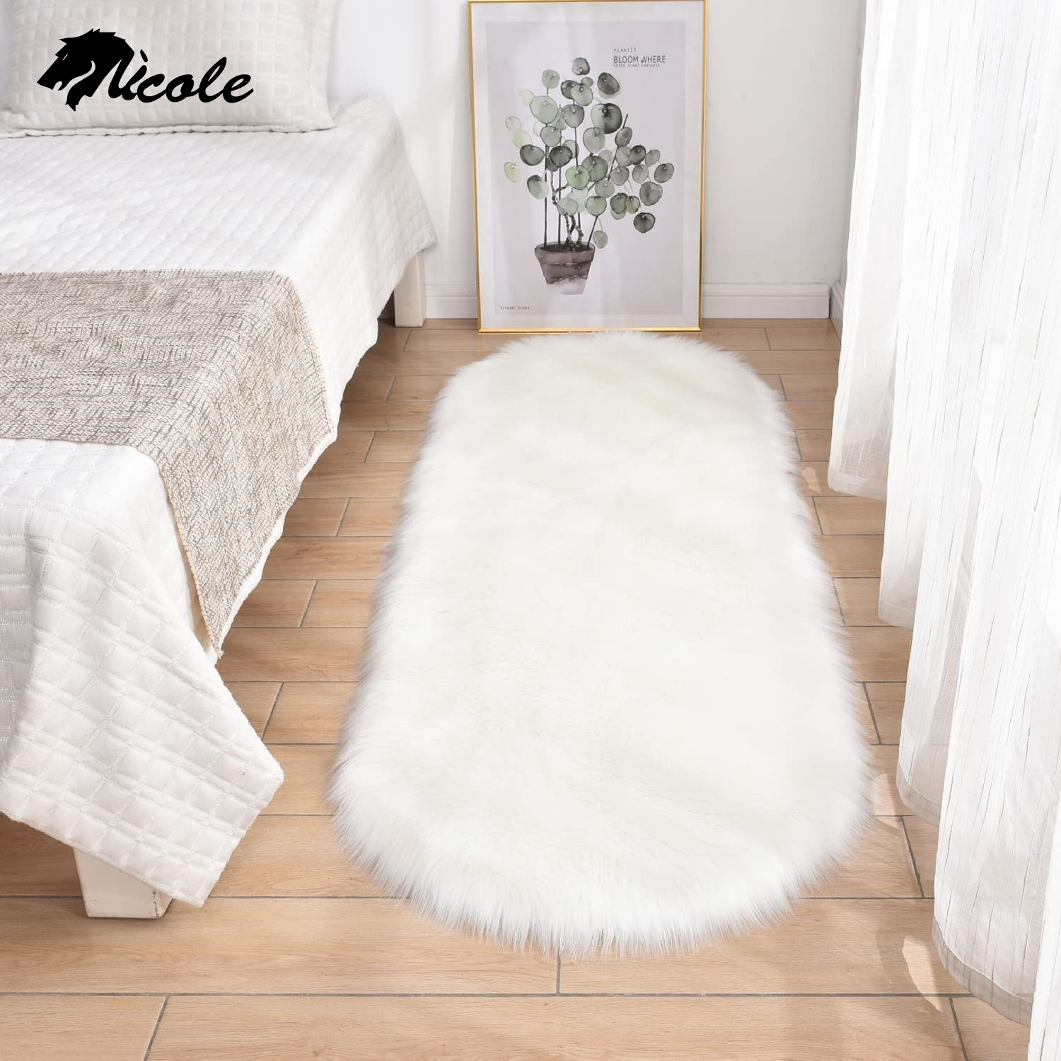 Nicole Thảm Lông Hình Bầu Dục Màu Trắng Sang Trọng Thảm Lông Siêu Mềm Thảm Chống Trơn Trượt Phòng Ngủ Phòng Khách Thảm Trải Sàn Thảm Trang Trí Nhà Thảm