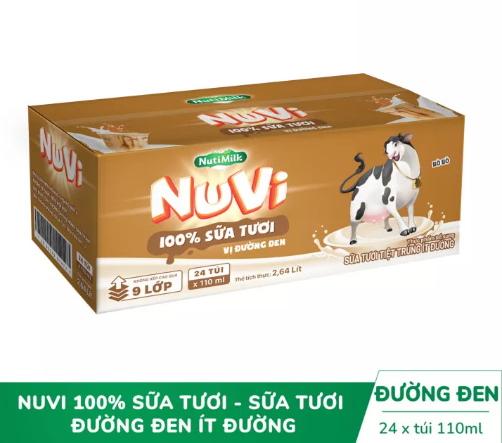 [CÓ THẺ ĐỔI QUÀ] Thùng 24 túi NuVi 100% Sữa Tươi – Sữa Tươi Tiệt Trùng Ít Đường Vị Đường Đen Túi NuVi Power 110 ml - Thương Hiệu NUTIFOOD - TTGT89